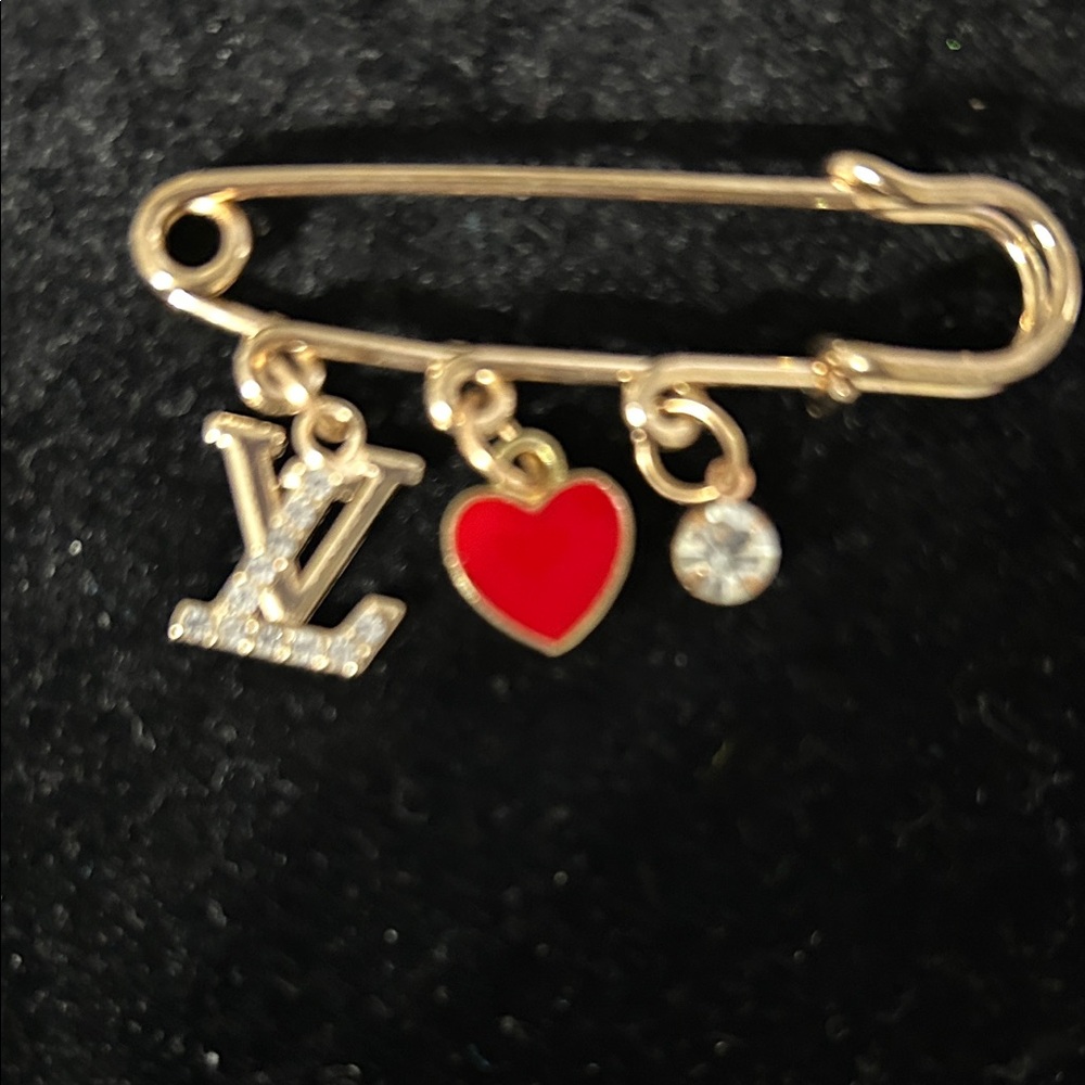 Gold Safety Pin Brooch with Red Heart and Crystal Charms - Picture 2 of 2